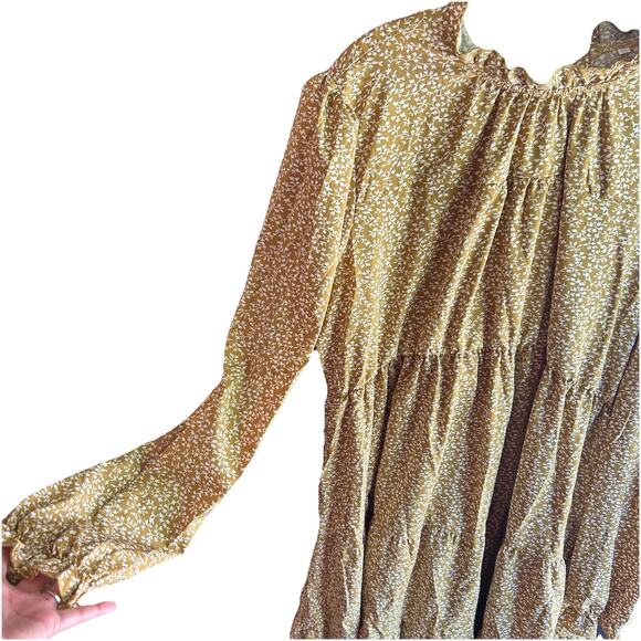 NWT Yellow Tan Long Sleeve Floral Tiered Dress Size XXL Tie Back Women's - Picture 3 of 7